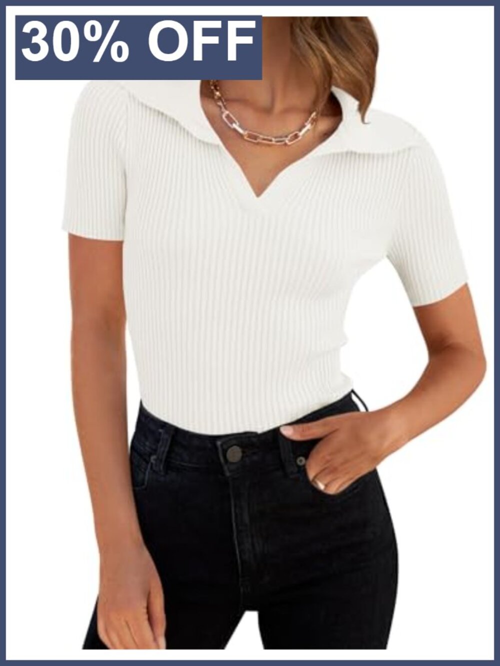 Womens Summer Short Sleeve V-Neck Polo T-Shirt Slim Fit Ribbed Knit Office Top
